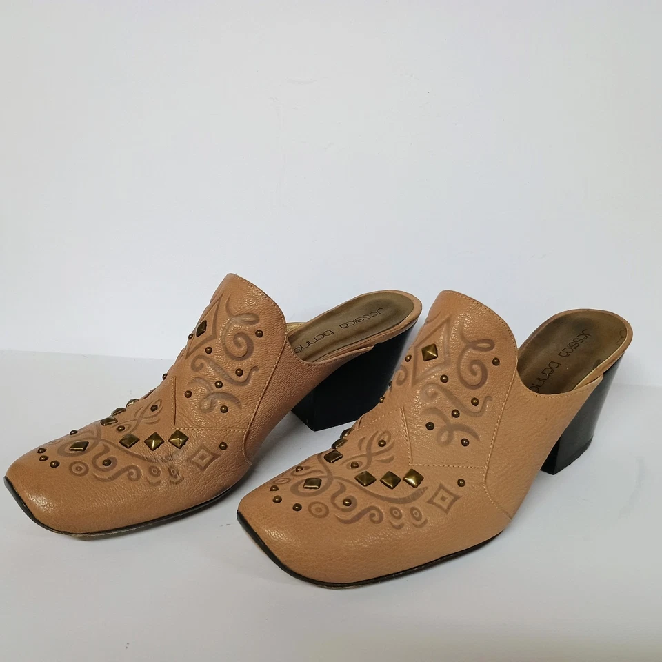 Jessica Bennett Beige Bronce Cuero Sin Cordones Tacón Bloque Mula Talla 7 Foto 4 de 4