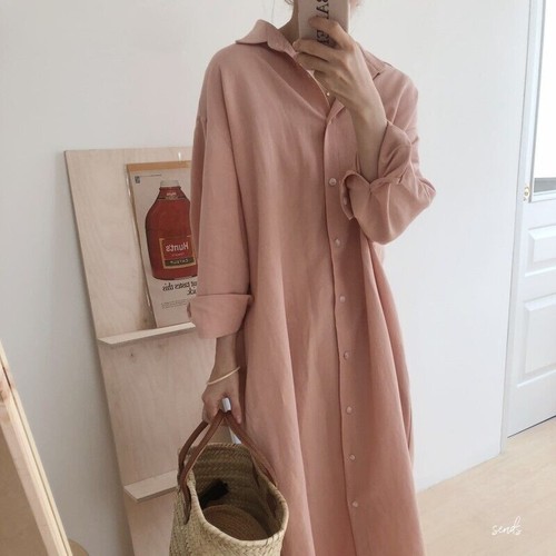 Women Cotton blend Lapel Shirt Dress Long Sleeve Maxi Dress Button Loose - Picture 8 of 22
