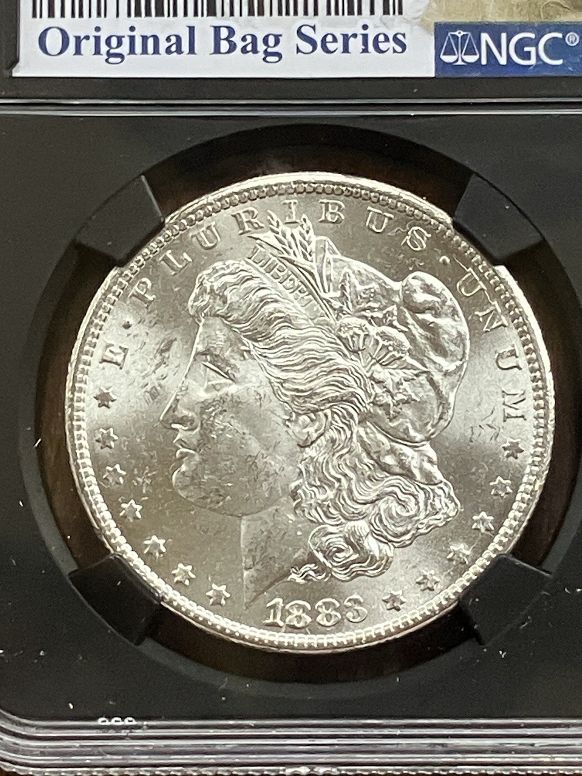 1883 CC Morgan Silver Dollar Original Bag Fragment NGC Brilliant Uncirculated SP