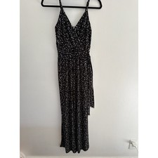 Kaileigh Black White Speckled V-Neck Wide Leg Jumpsuit with Pockets XS Petite