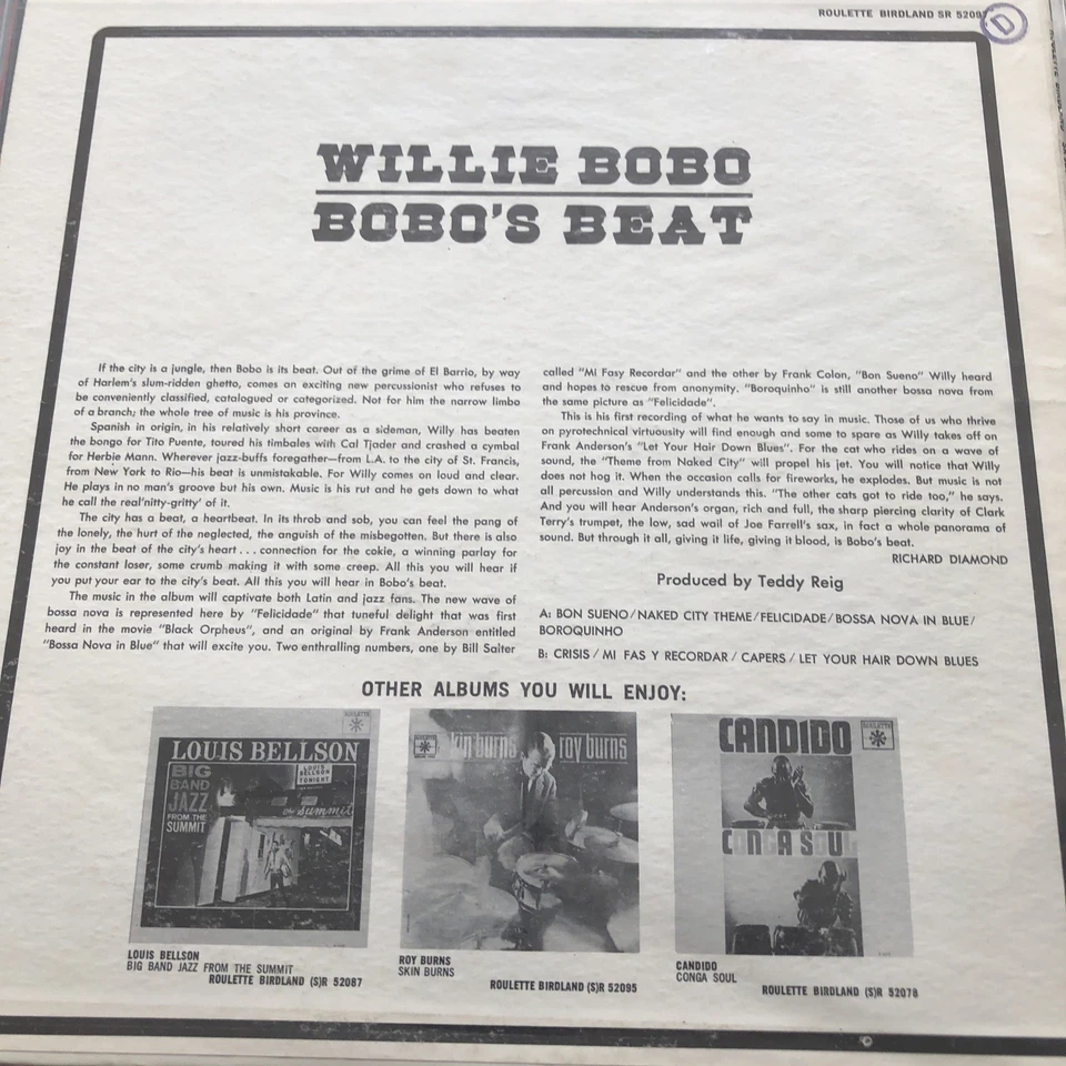 Willie Bobo Bobo’s Beat Roulette Records Stereo SR 52097 1st Ed. LP Mint- Foto 2 de 2