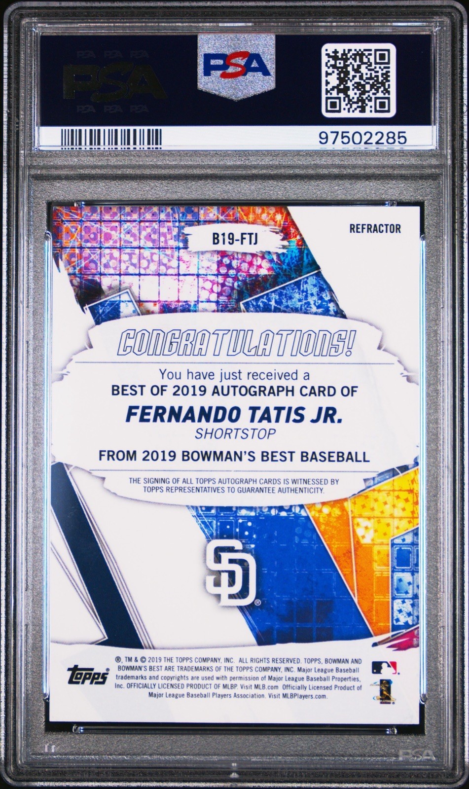 Fernando Tatis Jr 2019 Bowman's Best #B19-FTJ Refractor RC Auto PSA 10 view 2