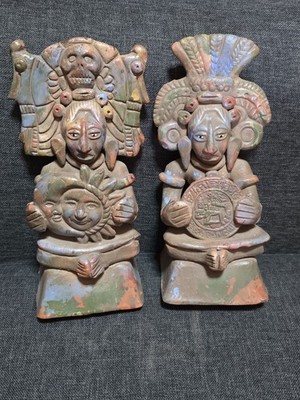 Pair Vintage Maya Style Pottery Deity Figures Skull Headdress Mesoamerican 8''