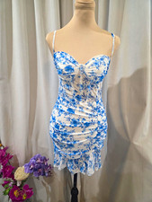 White/Blue Floral Mesh Sweetheart Ruched Ruffle Hem Bodycon Mini Dress S