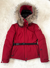 Moncler Grenoble piumino rosso piumino cappotto cintura pelliccia procione cappuccio donna taglia 0 XS