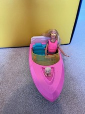 Barbie Doll & Toy Boat Playset with Pet Puppy, Life Vest & Beverage Accessories.
