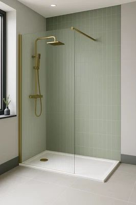 GRAVA HAUS Wet Room Shower Screen 2000mm 8mm Fluted Glass Brushed Brass Profile Flipper