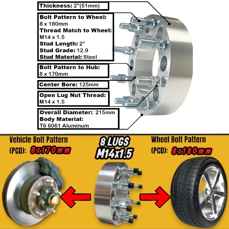 2" Thick Wheel Adapters 8x170 to 8x180 Fit: 8Lugs Chevy Wheels on Ford Trucks - Image 2 of 2