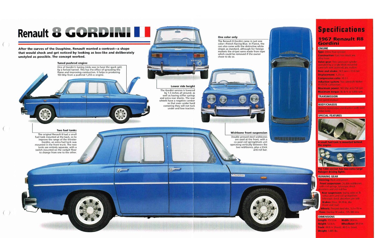 Renault 8 GORDINI SPEC SHEET / Brochure / Prospek: 1967,1968