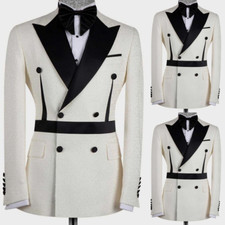 Black White Men's Suit Jacquard Peak Lapel Fashion Groom Party Wedding Tuxedos