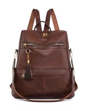 Sac A Dos Simili Cuir Marron Foncé Femme Homme Vintage Zippé Grande Capacité