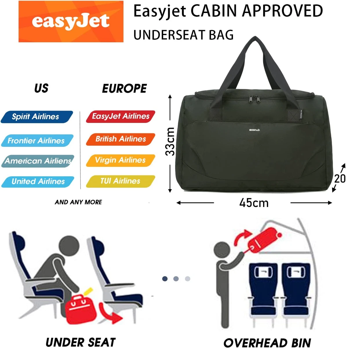 ECOHUB Cabin Bag 45x36x20 Easyjet Travel Bag Hand Luggage UnderSeat  Recycled PET Eco Friendly Holdall Flight Bag Waterproof Weekend Carry on Bag  Duffel Bag 30L(Black) : : Fashion