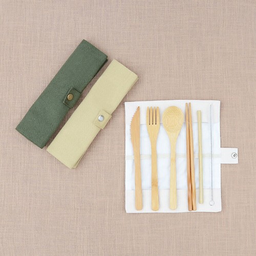 Portable Bamboo Cutlery Travel Fork Spoon Straw Brush Flatware Set With Pouch