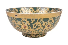 Green and Gold Tapestry Decorative Porcelain Bowl 14" Diameter
