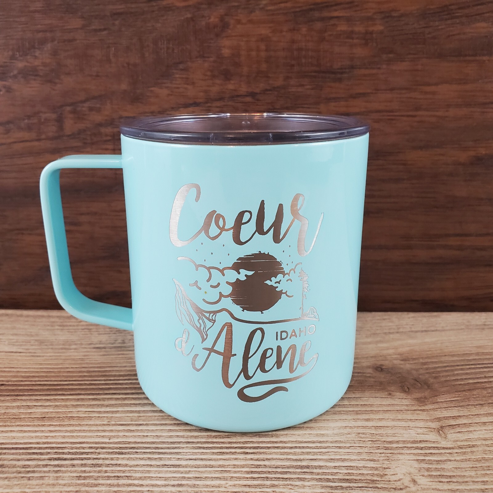 Coeur d' Alene CDA Idaho Maars Coffee Insulated Mug Press In Lid Teal 14 oz