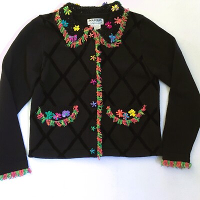 Jack B Quick Cardigan Sweater Black Colorful Accent Flowers & Fringe Petite Med