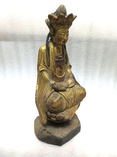 Antigua figura china dorada deidad sentada tallada en madera 13" - Imagen 4 de 9