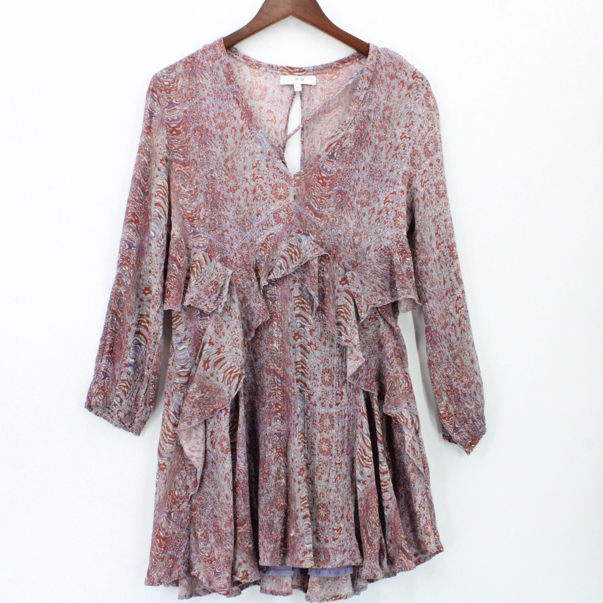 IRO Mini Dress Womens Multicolor Paisley Print Lace V Neck Long