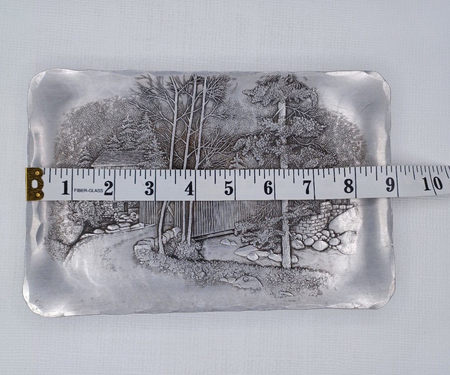 Wendell August Forge Hammered Aluminum Tray 6" x 9" Covered Bridge Scene