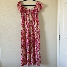 LOFT Women’s Midi Dress 6 Pink Orange Paisley Print Flutter Sleeves Summer