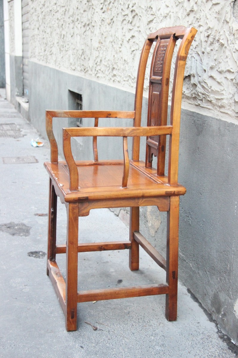 ANTICA SEDIA SCRANNO POLTRONA TRONO CINESE IN LEGNO MASSELLO FORSE FRASSINO