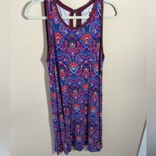 Ann Taylor Loft Dress Red Blue Damask  A line Stretch size Medium M Tall