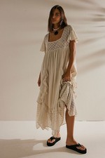Free People Bring The Romance Midi Dress Neutral Tan Ruffle Lace Bohemian Maxi S