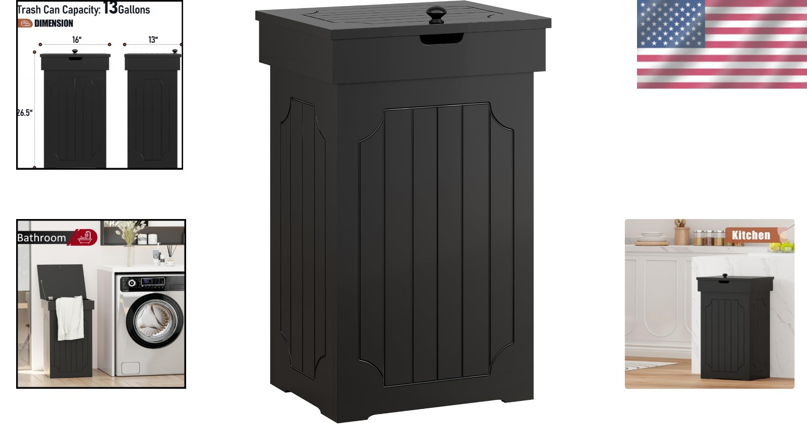 Stylish Black 13 Gal Wooden Trash Cabinet - Abrasion-Resistant & Durable