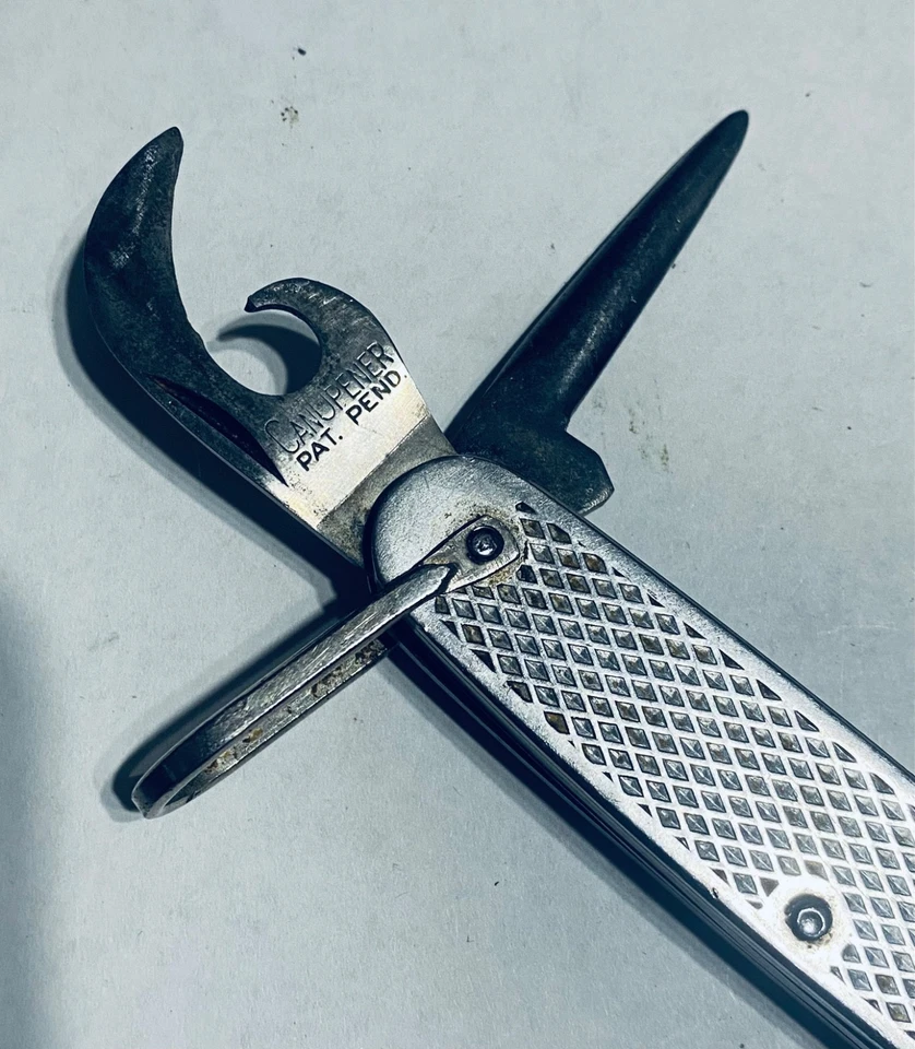 Navaja de Bolsillo Militar de Estados Unidos de Colección Abridor de Latas Awl Diamante Moleteado Escalas Ejército Foto 3 de 4
