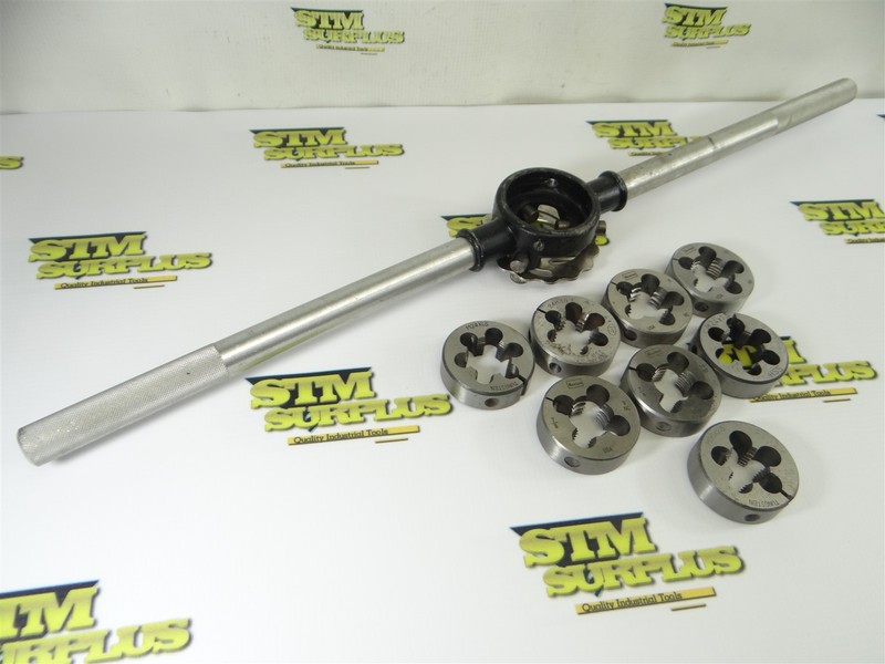 LOT OF 8 ASSORTED ROUND DIES 2" OD M20 X 2.5 TO 1"-12NF + WRENCH HANSON POLAND