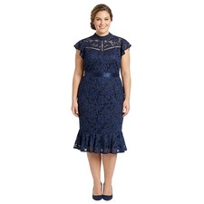 Miusol Navy Blue Floral Lace Mock Neck Ruffle Mermaid Midi Wedding Dress 2XL