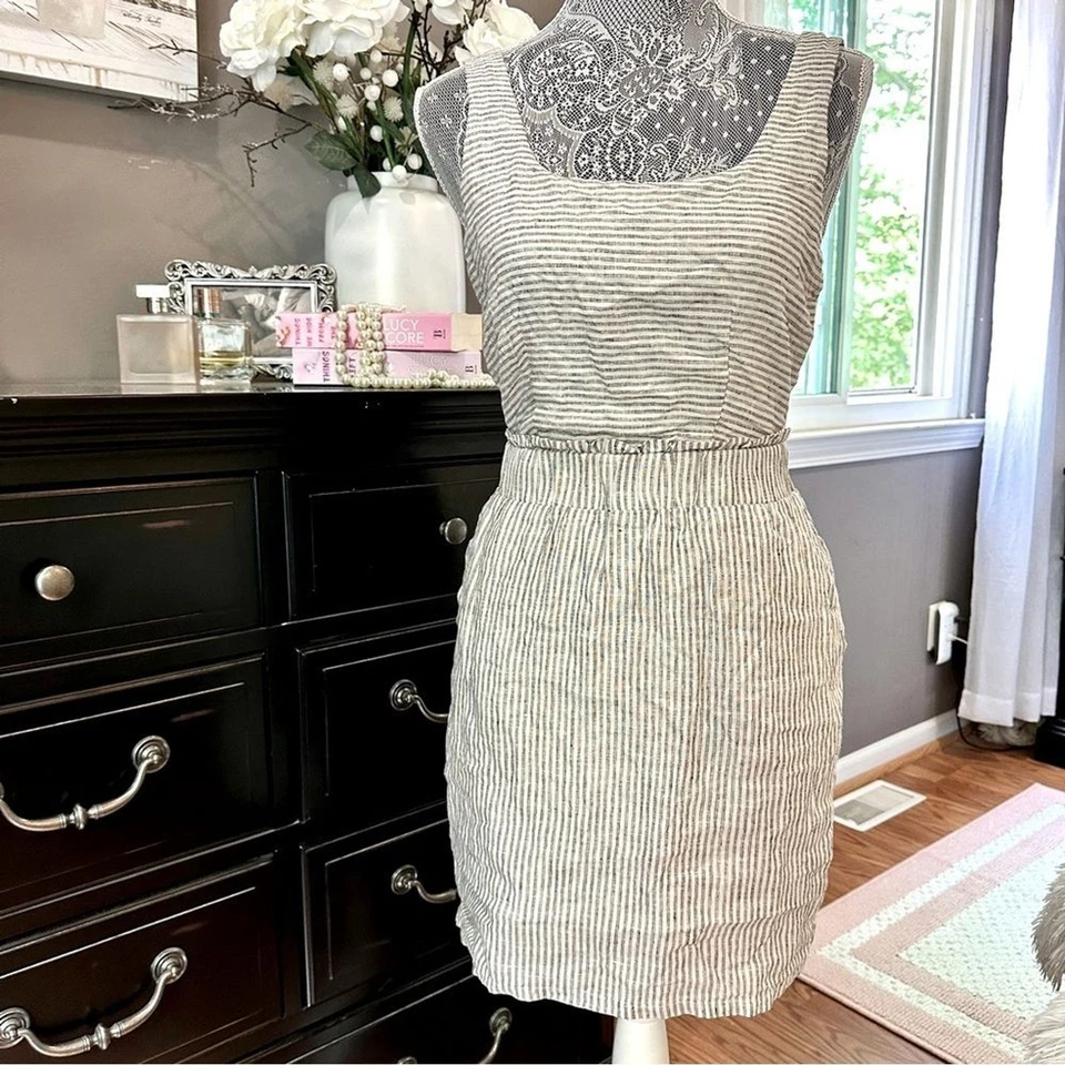 Mini Vestido GREYLIN Mezcla de Lino Gris Blanco Rayas Espalda Abierta Talla XS Foto 2 de 4