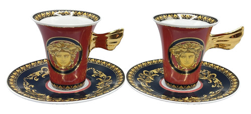 Pair Of Rosenthal Versace "MEDUSA RED" TALL CUPS & SAUCERS (ITALY DESIGN)