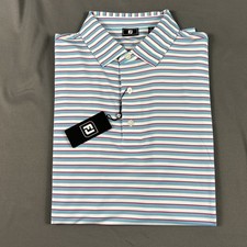 FootJoy Golf Shirt Polo Tie Stripe Large Blue White Magenta Polyester MSRP 88