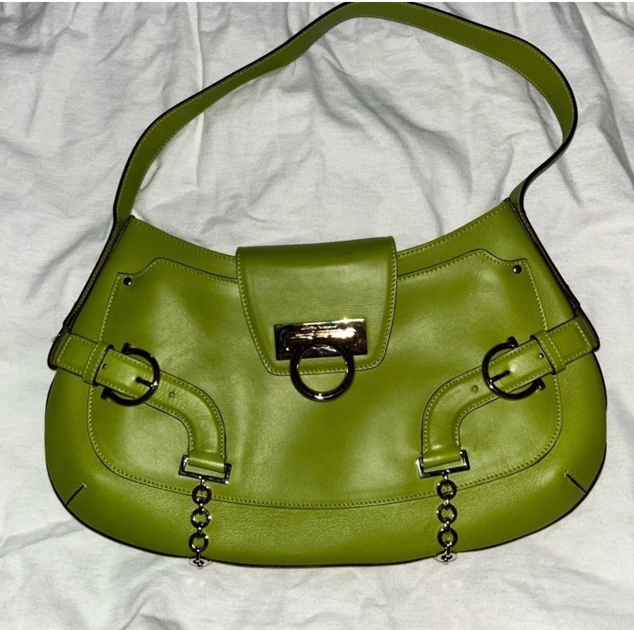 Ferragamo — Salvatore Ferragamo Women’s Green Leather Shoulder Bag, Gold Tone Chain Hardware