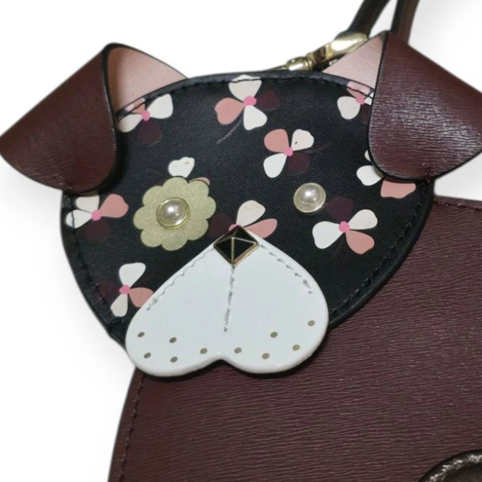 Kate Spade Floral Pup/Dog 棕色皮革斜挎包带装饰。 — 第 2/4 张图片