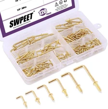 Swpeet 120Pcs 6 Sizes Gold Brass Plated Metal Screw-In Square Bend Hooks Kit, Go