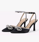 Elegant Black Satin Rhinestone Bow Stiletto Heels - Women Size 8.5 - NEW IN BOX — photo 1