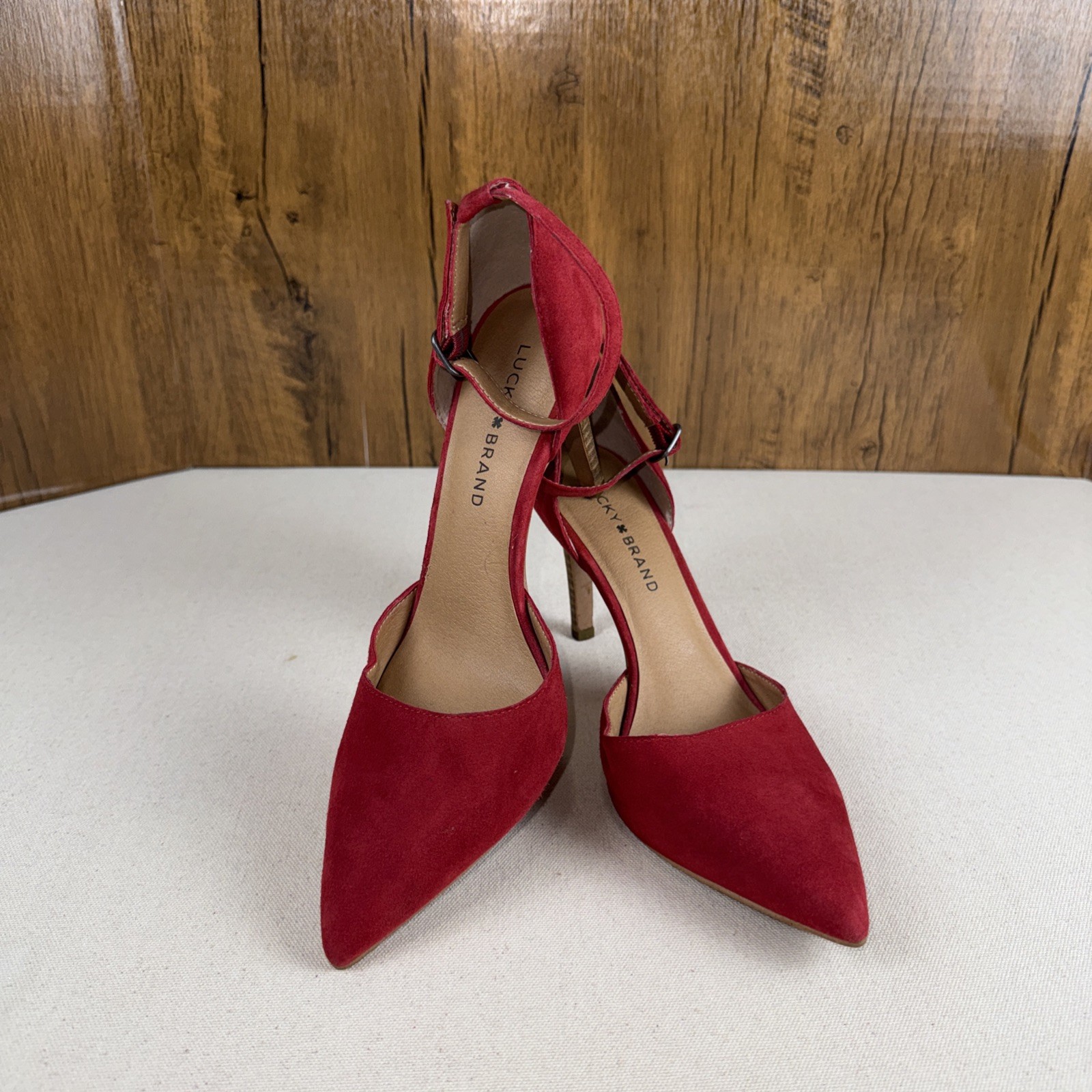 Lucky Brand Red Suede Ankle Strap Heels Pointed Toe Pumps Women’s 8