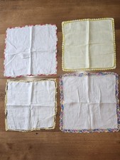 4 VTG Crochet Edged Hankies Non-Matching Cute Crafting Projects Thin Delicate