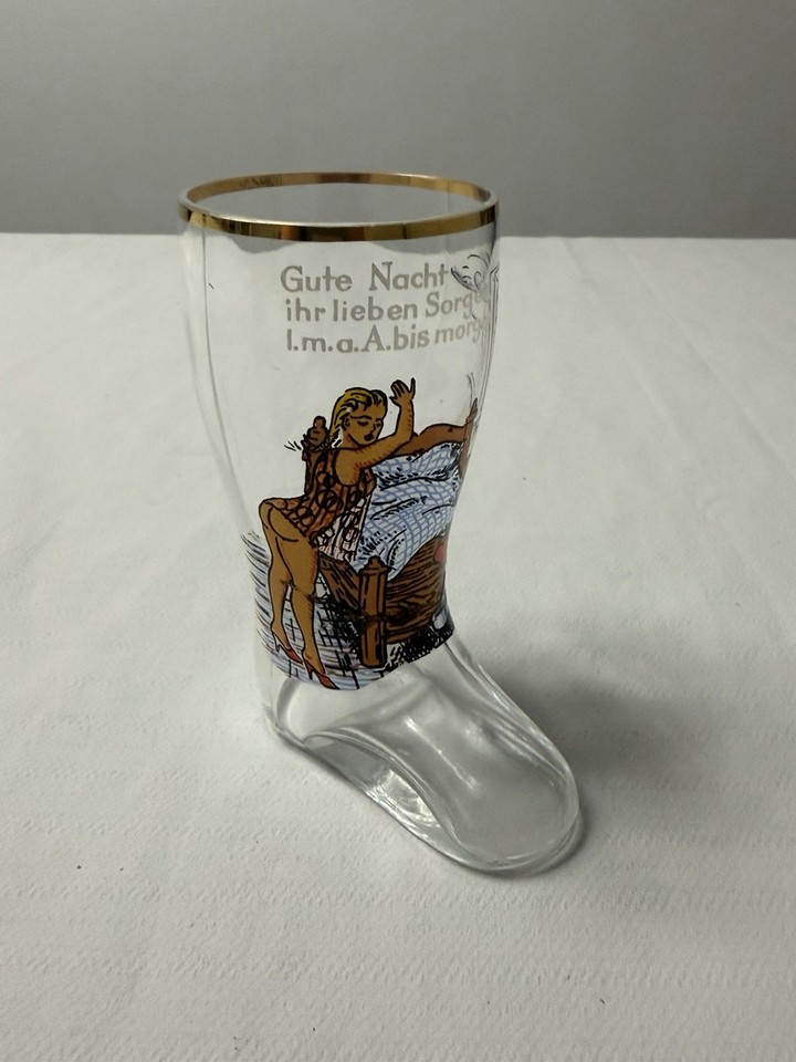 Vintage German Beer Boot Shaped Glass Cartoon Pics, Gold Rimmed Rostal ...