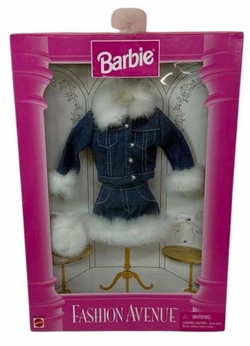 NIB Vintage Barbie Fashion Avenue #14980 Blue Denim Faux Fur Skirt Jacket Set
