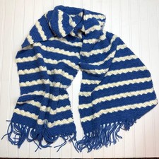 90s Vintage Blue and Cream Crochet Fringe Scarf 75x20 Handmade