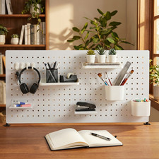 Large White Desktop Pegboard Organizer Standing Rack w/ Hooks, Cups  Accs