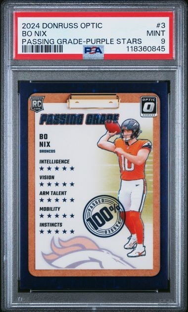 2024 Optic Bo Nix 3 Passing Grade Purple Stars Prizm 14/25 Jersey Match PSA 9!
