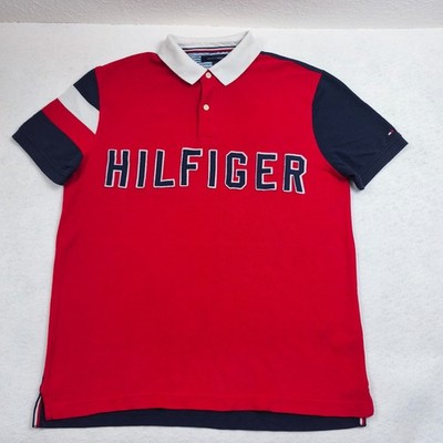 Tommy Hilfiger Poloshirt Herren L Rot Big Logo Spellout Colorblock Polo