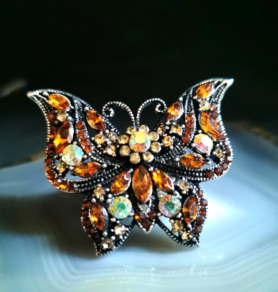 Ring Edelstahl XL Schmetterling Kristalle aurora borealis bernsteinfarben 23g