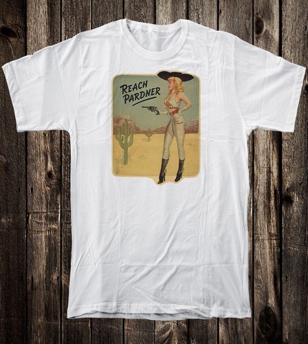Retro Travel Tee T Shirt Pinup Girl Cowgirl Western Reach Pardner - Picture 3 of 9