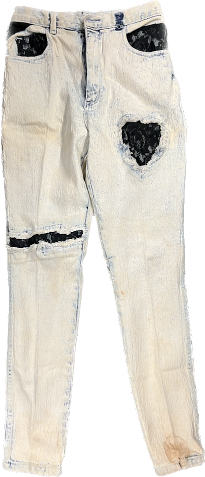 Stained & Ripped Traffic Skinny Jeans Size 11/12 with Navy Lace Inserts-image