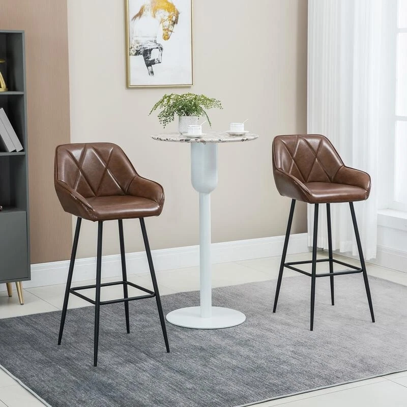 2x Faux Leather Bar Stools with Backrest Footrest Steel Legs for Home Bar - Image 2 of 4